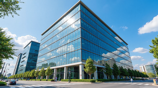 公司大楼外观,现代化建筑,玻璃幕墙设计,周围绿化环境优美