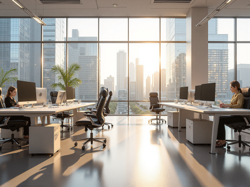 现代化办公环境,宽敞明亮的会议室,员工正在讨论工作,背景是落地窗和城市景观